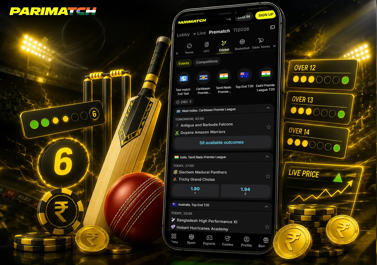 Cricket betting scene with bat, ball, wicket and live-market indicators
