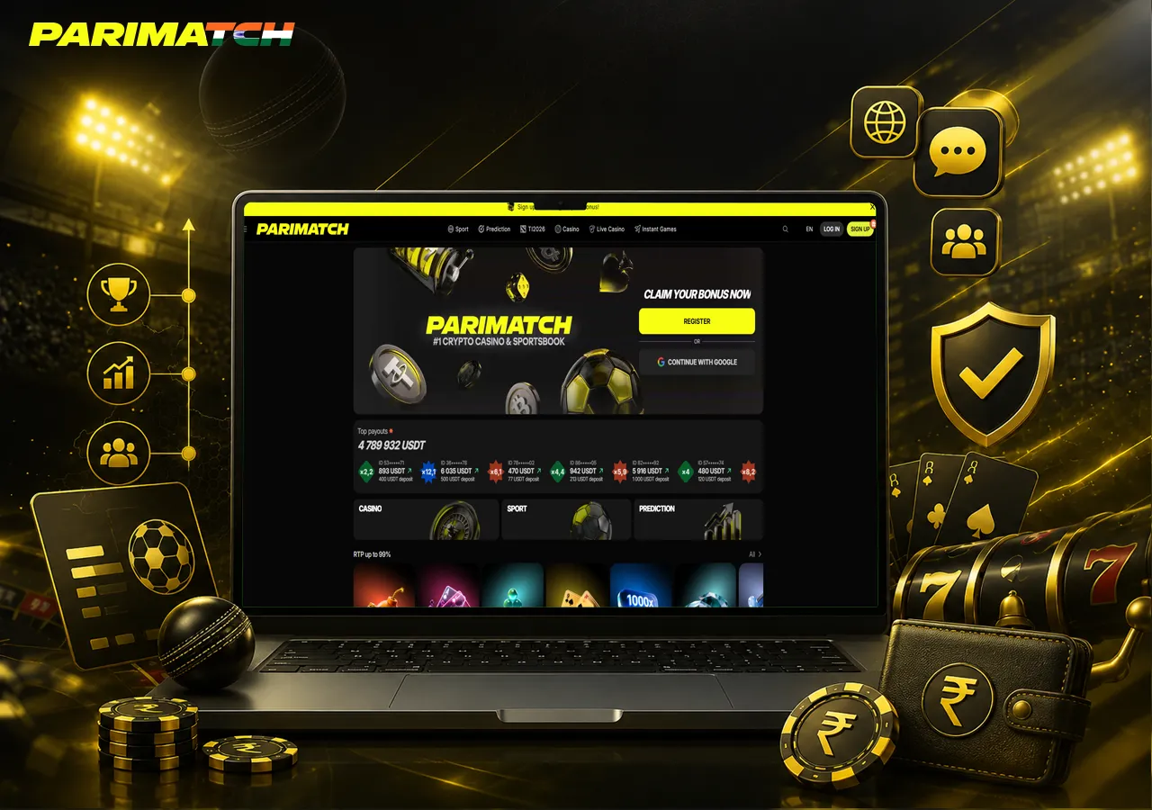 Brand history overview on laptop with betting, casino details and rupee accents